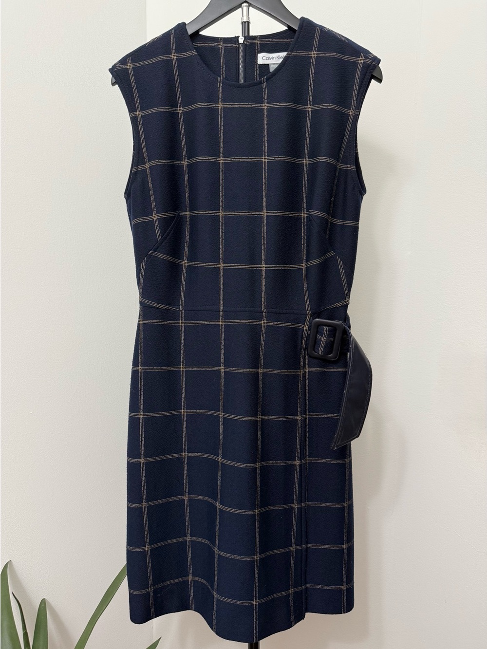 Calvin Klein Navy Windowpane Belted Sheath Dress